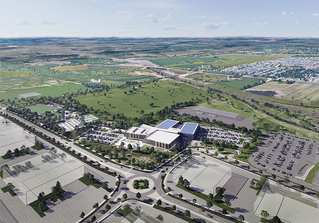 A CGI render of a sports complex